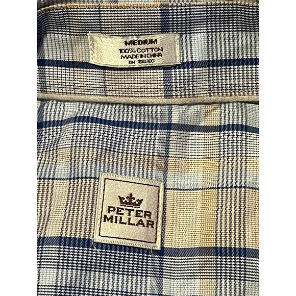 Peter Millar Shirt‎ Mens Medium Blue Tan Plaid Button Long Sleeve Gingham EUC - Picture 4 of 5